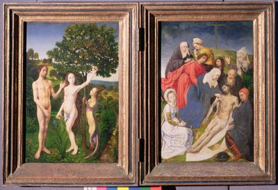 Diptychon: De Zondeval (Adam en Eva, Slang en Appel) en Kruisafneming van Jezus (na 1479) door Hugo van der Goes