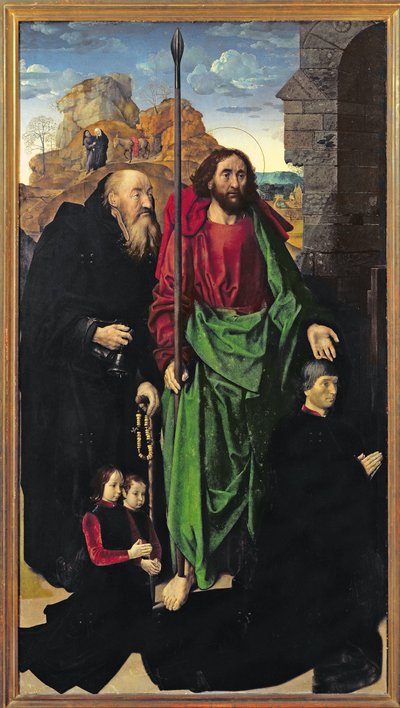 Het Portinari Altaarstuk, St. Thomas en St. Antonius de Kluizenaar met Tommaso Portinari en twee zonen Antonio en Pigello, Linkervleugel door Hugo van der Goes