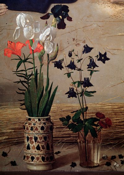 Drieluik Portinari: centraal detail van bloemen door Hugo van der Goes