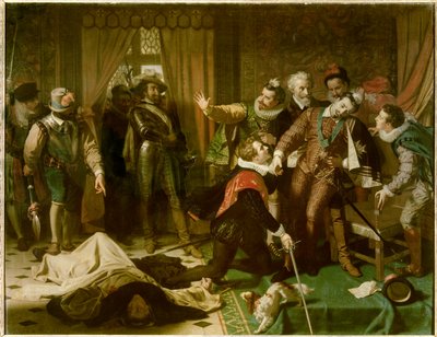 Moord op Hendrik III (1551-1589) door Jacques Clement (1567-1589), een Dominicaanse religieuze aanhanger van de Katholieke Liga, op 1 augustus door Hugues Merle