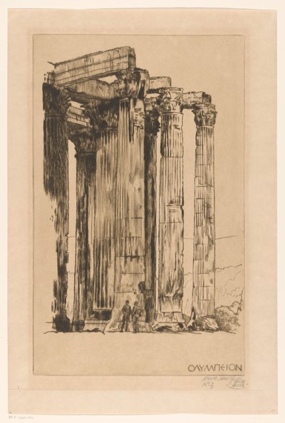 Olympieion met twee mannen voor een zuil door Huib Luns (signed by artist)