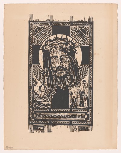 Hoofd van Christus met doornkrans voor een kruis, aanbeden door een man en vrouw door Huib Luns