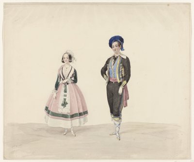 Man en vrouw in historisch kostuum, 1841 door Huib van Hove Bz