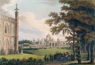 Brighton Pavilion met tuinen, gegraveerd door Joseph Constantine Stadler door Humphry Repton