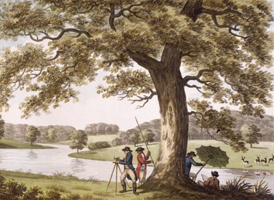Humphrey Repton die met een Theodoliet meet door Humphry Repton