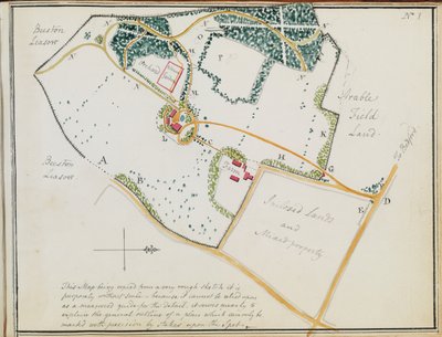 Kaart uit "Red Books", voor "Mogenhanger in Bedfordshire, een zetel van Godfrey Thornton Esq.", 1792 door Humphry Repton