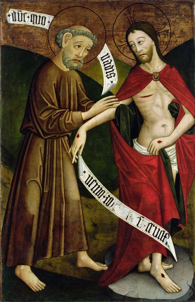Christus en St. Thomas, paneel van het voormalige hoogaltaarstuk van de kerk van Sint-Pieter en Sint-Paulus in Csíksomlyó, c.1480 door Hungarian School