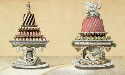 Ontwerp voor de presentatie van Charlottes a la Reine & Pain de Framboises a la Leda, illustratie uit een Hongaars kookboek over Franse keuken, ca. 1880 door Hungarian School