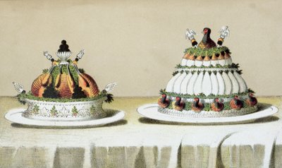Ontwerp voor de presentatie van kip gevuld met foie gras en fazantenborsten gekookt op Berthold wijze, illustratie uit een Hongaars kookboek over Franse keuken, ca. 1880 door Hungarian School