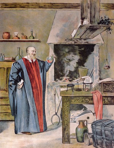 Keizer Rudolf II Habsburg (1552-1612) in zijn alchemiewerkplaats door Hungarian School