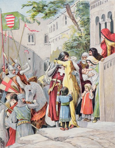 John Hunyadi omhelst zijn vrouw, Erzsébet Szilágyi, voordat hij naar de strijd vertrekt, ca. 1900 door Hungarian School