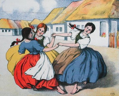 Boerendans, illustratie uit een partituur van liederen door Arpad Balazs, c.1910 door Hungarian School