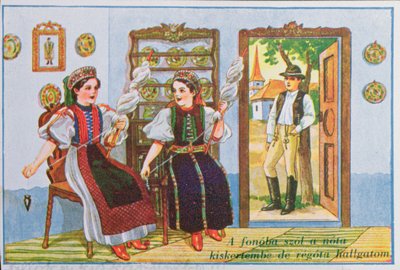 Ansichtkaart met vrouwen in traditionele Hongaarse kleding die het populaire lied Zing een lied voor de kikker zingen, ca. 1940 door Hungarian School