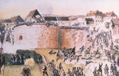De Hongaarse Revolutie van 1848: Oostenrijkse troepen bestormen het Buda Kasteel op 21 mei 1849 door Hungarian School