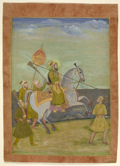Ruiterportret van Bahadur Shah als jonge man, Mughal, ca. 1690 (gouache met goud op papier) door Hunhar I (attr. to)