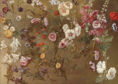 Compositie van bloemenstudies waaronder anjers, knoopkruid, zeepkruid, kaasjeskruid; stokrozen, Afrikaanse goudsbloemen, vergeet-mij-nietjes door Hyacinthe Francois Rigaud