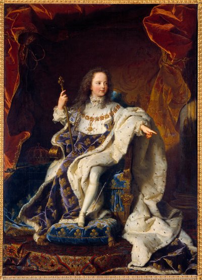 Portret van Lodewijk XV als vijfjarig kind in heilige kleding, koning van Frankrijk door Hyacinthe Francois Rigaud