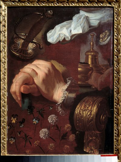 Studie van gekruiste handen, stoffen, bloemen, bel, zwaard. Schilderij door Hyacinthe Rigaud (1659-1743) 18e eeuw door Hyacinthe Francois Rigaud