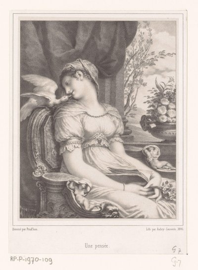 Zittende vrouw met boek en witte vogel door Hyacinthe Louis Victor Jean Baptiste Aubry Lecomte