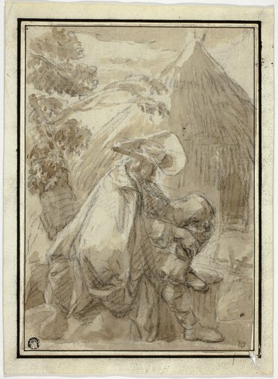 Zittende man in mantel door Thatched Hut door III Follower of Herman Saftleven