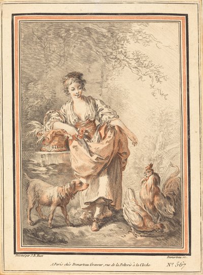 Vrouw die Kippen Voert door I Gilles Antoine Demarteau after Jean Baptiste Hüet