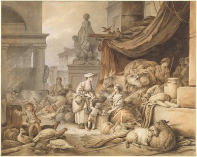 Marktscène met een Fantastisch Beeldhouwwerk door I Jean Baptiste Hüet