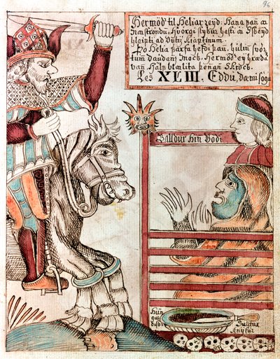 Hermod te paard op Sleipnir, het beroemde achtbenige paard van zijn vader, bij de gesloten poorten van het Koninkrijk van Hel door Icelandic School