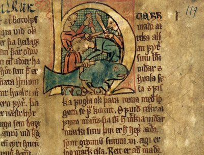 Geïllustreerde initiaal H uit een artikel over de verdeling van gestrande walvissen, kopie van een oorspronkelijke 14e-eeuwse wetverzameling Jonsbok door Icelandic School