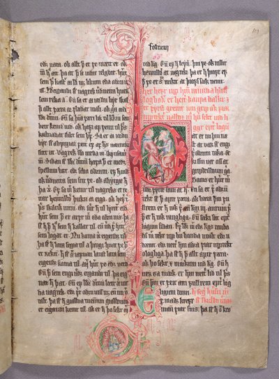 Geïllustreerde initiaal P met twee handelaren, uit het begin van het gedeelte over handel, uit Skarosbok (Het Boek van Skard) ca. 1350 door Icelandic School