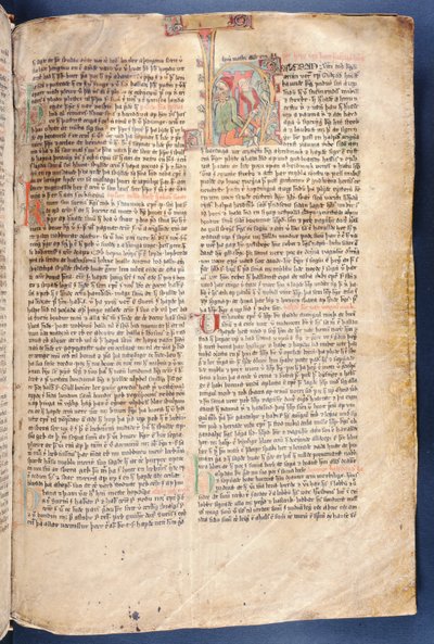 Het begin van Het Verhaal van Halfdan de Zwarte, uit Flateyjarbok (Het Boek van Flatey) laat 14e eeuw door Icelandic School