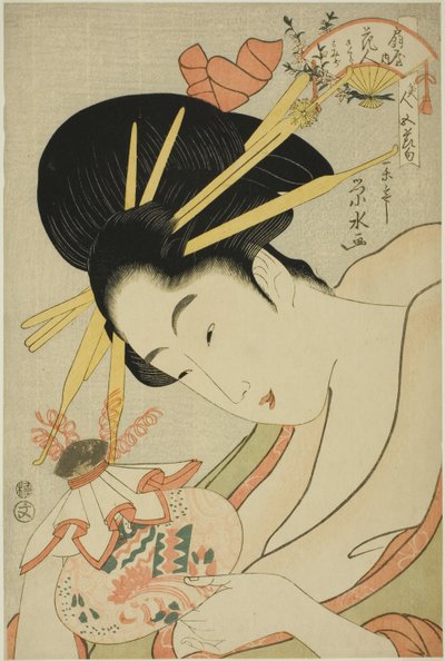 De Courtisane Hanahito van de Ogiya en bedienden Sakura en Momiji, uit de serie 