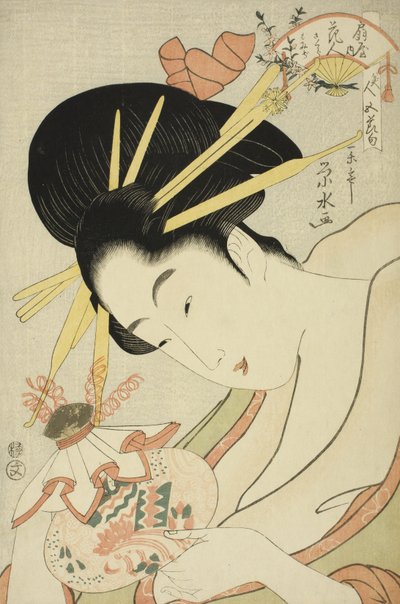 De Courtisane Hanahito van de Ogiya en bedienden Sakura en Momiji, uit de serie Schoonheden van de Vijf Festivals door Ichirakutei Eisui