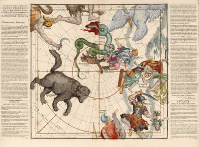 Noordpool, Plaat 1 uit Globi coelestis in tabulas planas redacti descriptio, uitgegeven 1674 (handgekleurde gravure) door Ignace Gaston Pardies