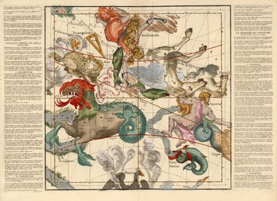 Lente-equinox, Plaat 2 uit Globi coelestis in tabulas planas redacti descriptio, uitgegeven 1674 (handgekleurde gravure) door Ignace Gaston Pardies