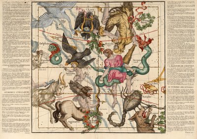 Winterzonnewende, Plaat 5 uit Globi coelestis in tabulas planas redacti descriptio, uitgegeven 1674 (handgekleurde gravure) door Ignace Gaston Pardies