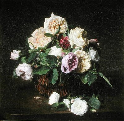 Rozen in een mand op een tafel door Ignace Henri Jean Fantin Latour