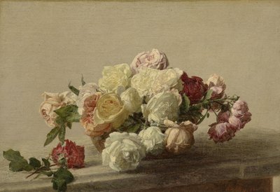 Kom met rozen op een marmeren tafel door Ignace Henri Jean Fantin Latour