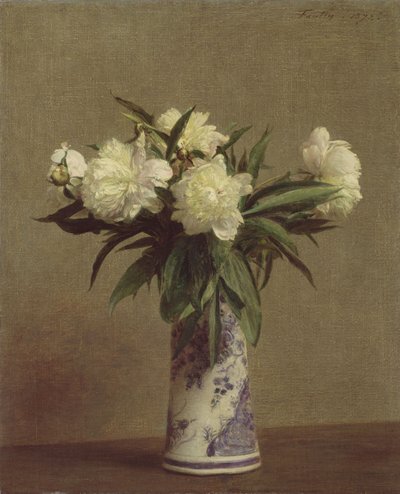 Pioenen in een Blauwe en Witte Vaas, 1872 door Ignace Henri Jean Fantin Latour