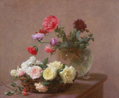 Klaprozen in een kristallen vaas, of mand met rozen, 1890 door Ignace Henri Jean Fantin Latour