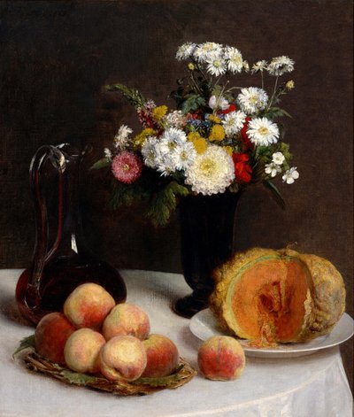 Stilleven met karaf, bloemen en fruit, 1865 door Ignace Henri Jean Fantin Latour