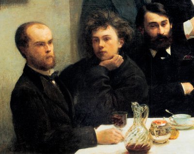 Tafelhoek: van links naar rechts: Paul Verlaine, Arthur Rimbaud, Elzear Bonnier. (Schilderij, 19e eeuw) door Ignace Henri Jean Fantin Latour
