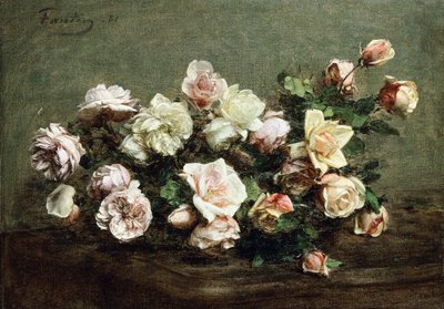 Vaas met witte rozen op een tafel door Ignace Henri Jean Fantin Latour