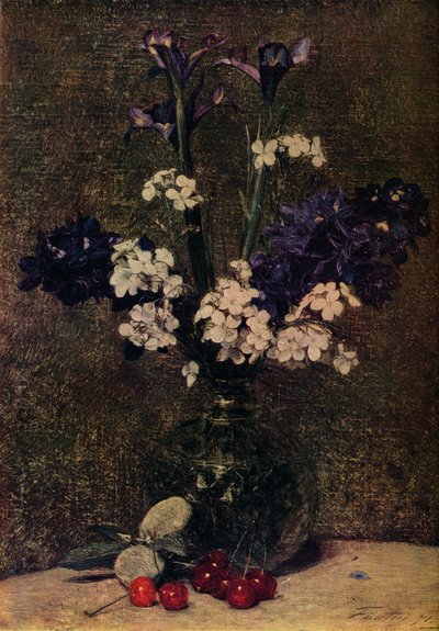 Vaas met bloemen, met kersen en amandelen op de tafel, stilleven, irissen, delphinium hybriden door Ignace Henri Jean Fantin Latour