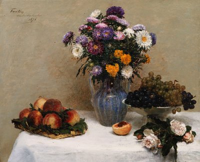 Witte Rozen en Chrysanten in een Vaas - Perziken en Druiven op een Tafel met een Wit Tafelkleed, 1876 door Ignace Henri Jean Fantin Latour