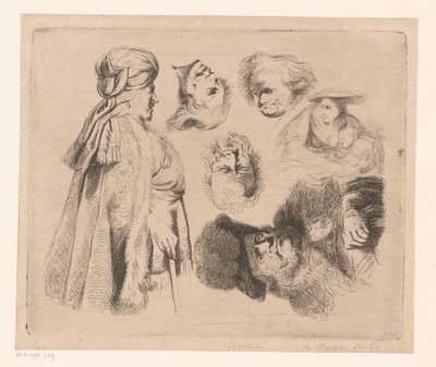 Compositie met Oosterse man, vrouw met kind en vier hoofden van mannen door Ignace Joseph de Claussin (attributed to)