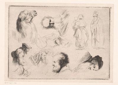 Compositie met hoofden van verschillende mannen en een kameel en twee staande figuren door Ignace Joseph de Claussin (attributed to)