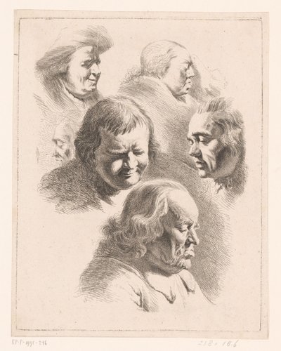 Compositie met zes hoofden van mannen en vrouwen met gesloten ogen door Ignace Joseph de Claussin (attributed to)