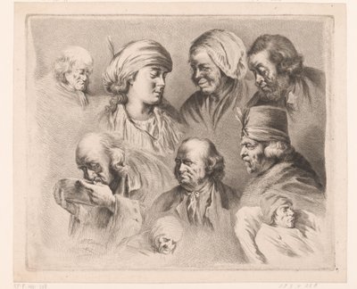 Compositie met negen hoofden van mannen en vrouwen van verschillende leeftijden door Ignace Joseph de Claussin