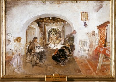 Interieur van een boerderij in Valencia in Spanje. Schilderij door Ignacio Pinazo Camarlench door Ignacio Pinazo Camarlech
