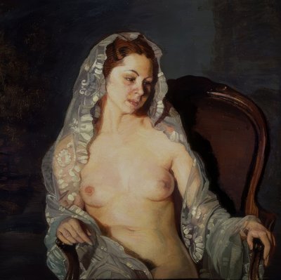 Zittende naakte vrouw met transparante mantilla - 20e eeuw door Ignacio Zuloaga y Zabaleta